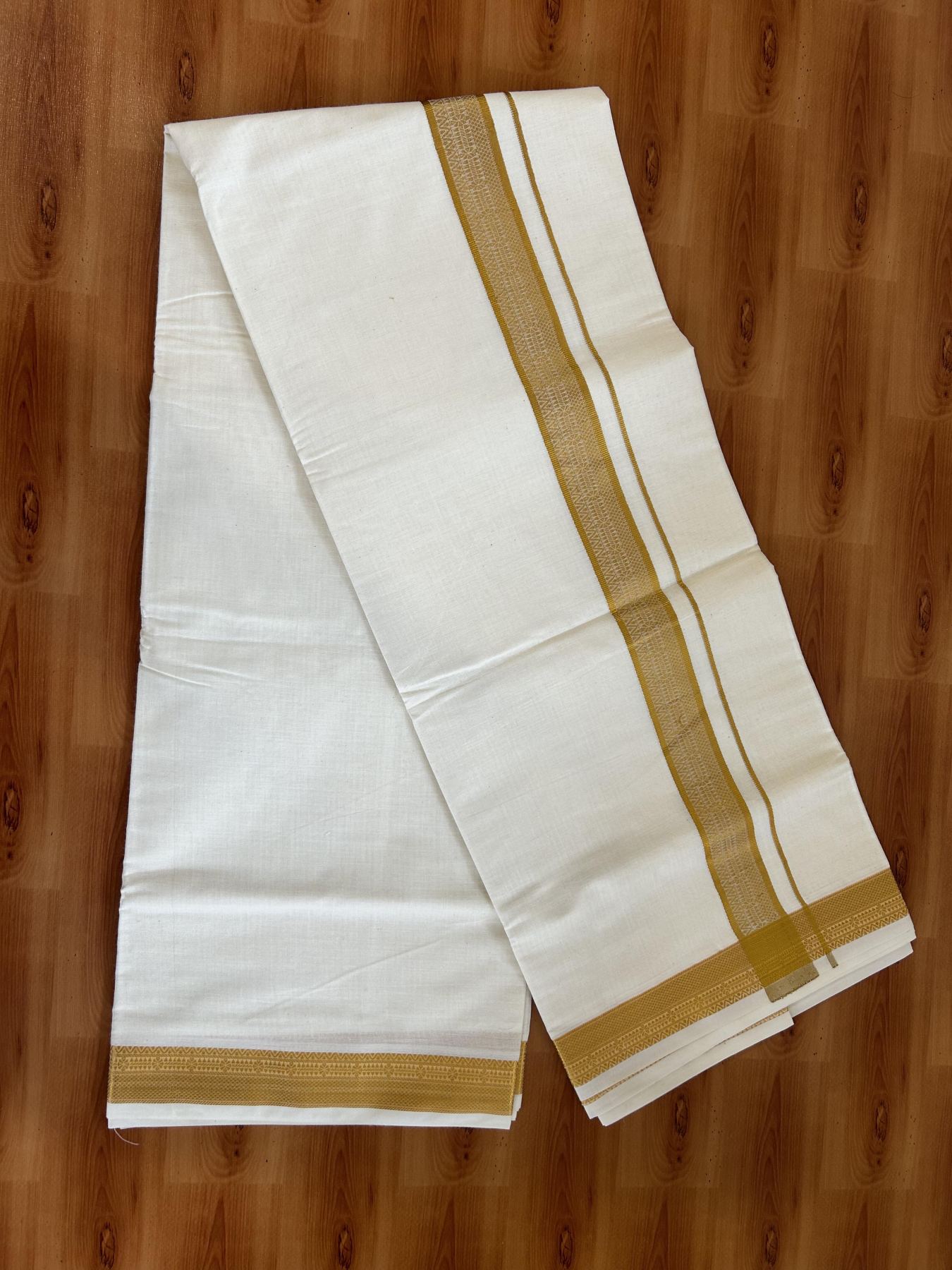 Double Off White - (Unbleached) Mundu/Dhoti - 20% Discount!! Kaitharikada Balaramapuram Pure Cotton - 100s - 1.25 inch Gold Kasav Jacquard Design Kara 4 mtr (8.5 muzham) - 12 KK5395 GAN