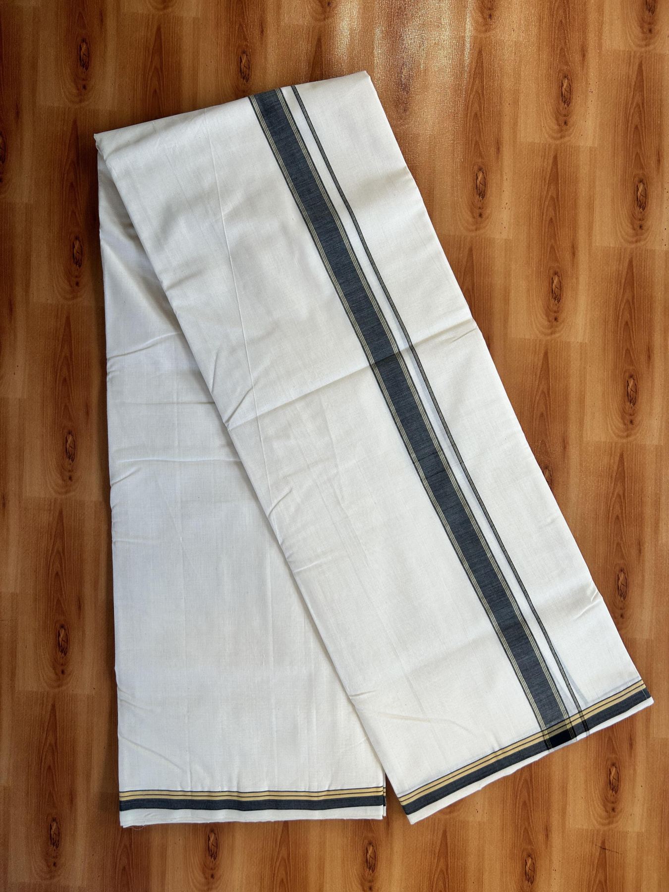 Double Off White (Unbleached) Mundu/Dhoti- 25% Discount! KaithariKada Handloom Unakkupaav - 100% Pure Cotton - 100x80 - 1 inch Ash Black Shaded Gold Kasav Pure Jerry Striped Kara 3.80 meter (8 muzham) - 56 KK5436 REA