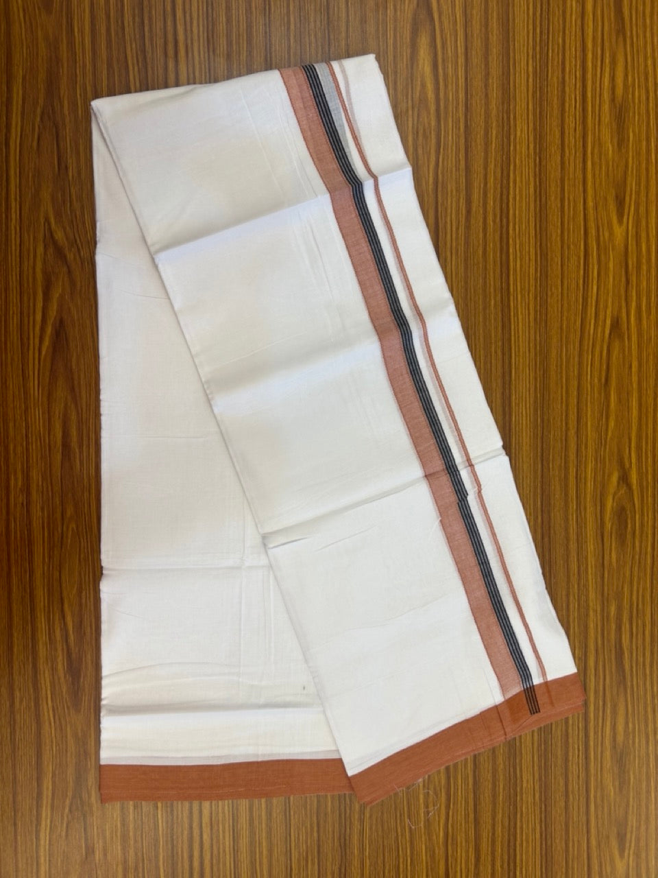 14% Discount ! Kaitharikada Balaramapuram 100% Cotton Pure White Double Mundu/Dothi - 72x72 - 1.25 inch Rust Orange & Black Striped Kara 3.65 mtr (8 muzham) - 2 KK5298 SKM