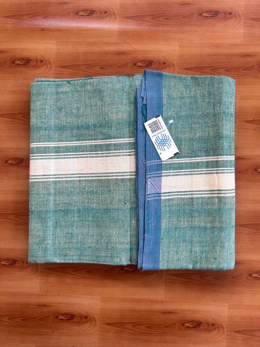 Kerala Handloom - Signature Kaitharikada - 100% Pure Cotton 2/60x40s Thread - Single Mundu / Dhoti - 1.25 inch Light Yellow Shaded Striped Kara with Green & Light Yellow colour Body (2 meter / 4 muzham) - 7 KK8080 KAL