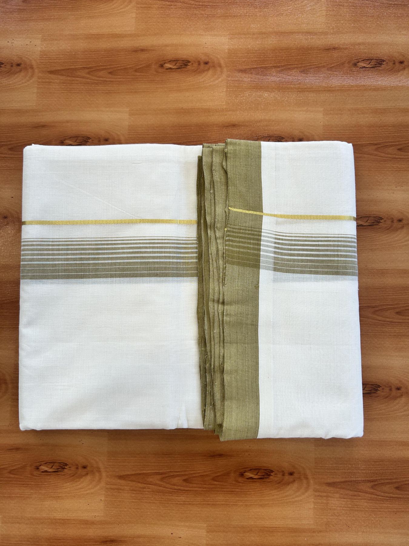 Double Off White (Unbleached) Mundu/Dhoti- 25% Discount! KaithariKada Handloom Unakkupaav - 100% Pure Cotton - 100x80 - 1.25 inch Dark Yellow Shaded Gold Kasav Pure Jerry Striped Kara 3.80 meter (8 muzham) - 57 KK5436 REA