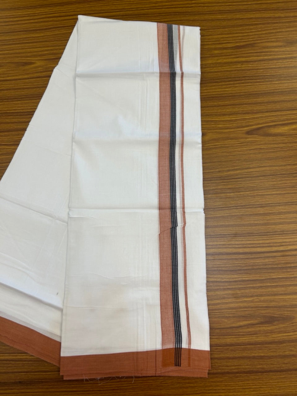 14% Discount ! Kaitharikada Balaramapuram 100% Cotton Pure White Double Mundu/Dothi - 72x72 - 1.25 inch Rust Orange & Black Striped Kara 3.65 mtr (8 muzham) - 2 KK5298 SKM