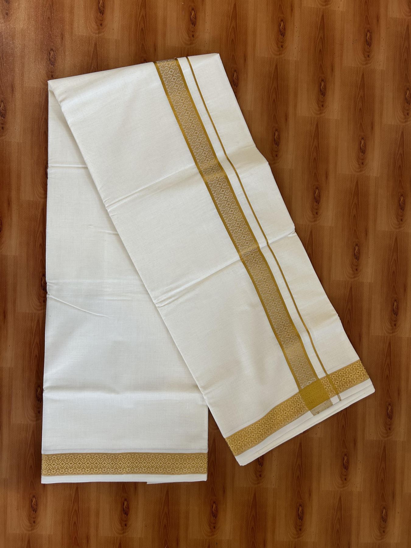 Double Off White - (Unbleached) Mundu/Dhoti - 20% Discount!! Kaitharikada Balaramapuram Pure Cotton - 100s - 1.25 inch Gold Kasav Jacquard Design Kara 4 mtr (8.5 muzham) - 13 KK5395 GAN