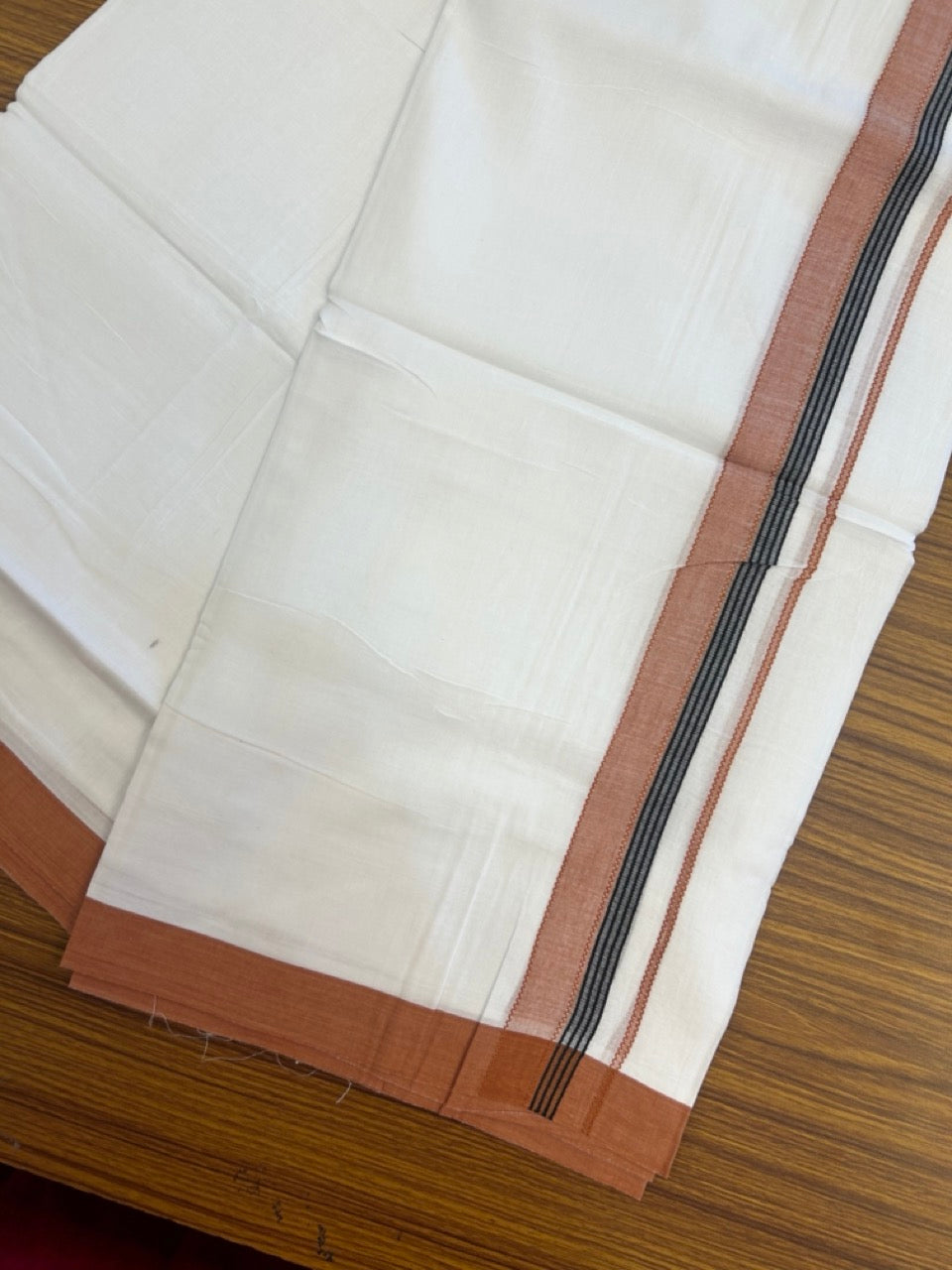 14% Discount ! Kaitharikada Balaramapuram 100% Cotton Pure White Double Mundu/Dothi - 72x72 - 1.25 inch Rust Orange & Black Striped Kara 3.65 mtr (8 muzham) - 2 KK5298 SKM