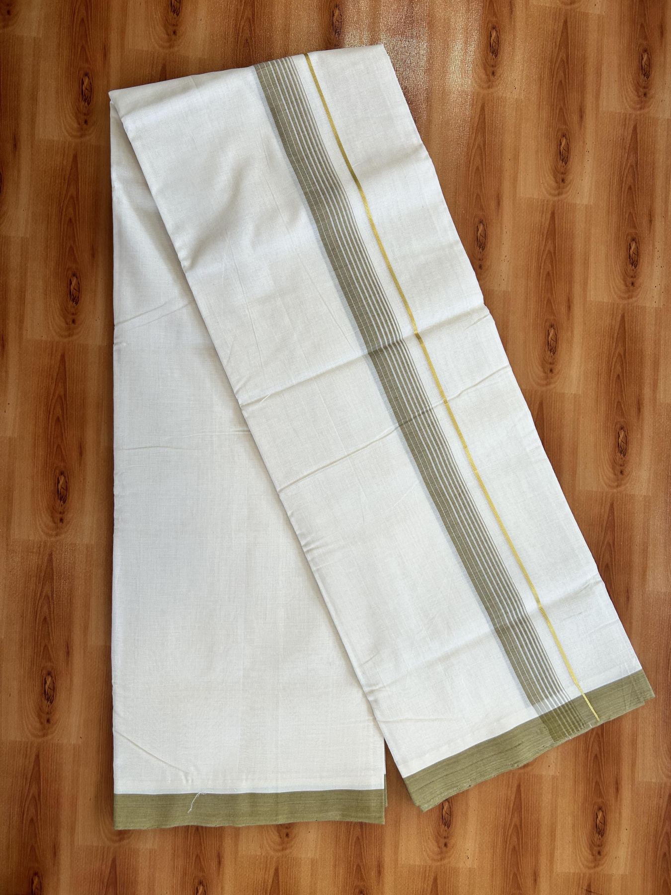 Double Off White (Unbleached) Mundu/Dhoti- 25% Discount! KaithariKada Handloom Unakkupaav - 100% Pure Cotton - 100x80 - 1.25 inch Dark Yellow Shaded Gold Kasav Pure Jerry Striped Kara 3.80 meter (8 muzham) - 57 KK5436 REA