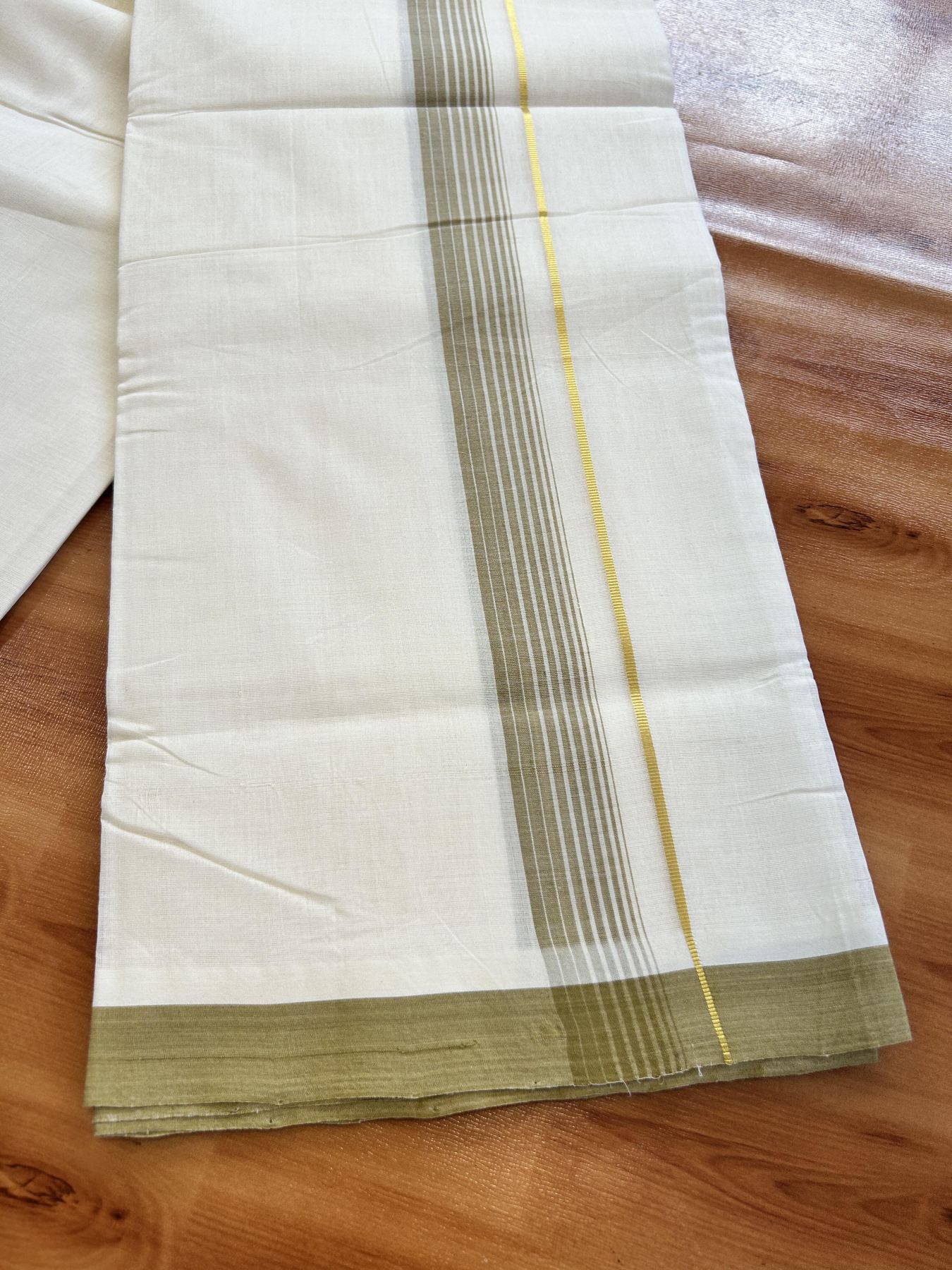Double Off White (Unbleached) Mundu/Dhoti- 25% Discount! KaithariKada Handloom Unakkupaav - 100% Pure Cotton - 100x80 - 1.25 inch Dark Yellow Shaded Gold Kasav Pure Jerry Striped Kara 3.80 meter (8 muzham) - 57 KK5436 REA