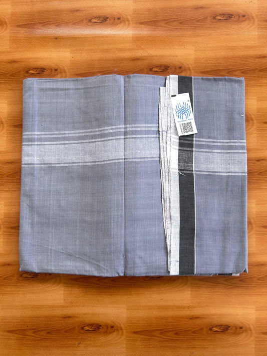 Kerala Handloom - Signature Kaitharikada - 100% Pure Cotton 2/60x40s Thread - Single Mundu / Dhoti - 1.25 inch White Shaded Striped Kara with Dusty Blue colour Body (2 meter / 4 muzham) - 9 KK8080 KAL