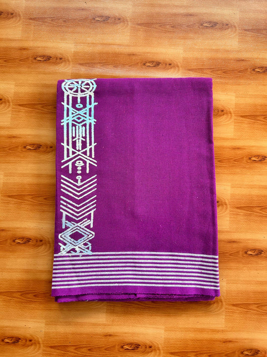 Kaitharikada - Single Kaily / Lungi - Mixed Cotton - 40s twisted - 3 inch Silver Printed Design kara with Dark Magenta colour body (2 meter / 4 muzham) - 8 KK8069 GAN