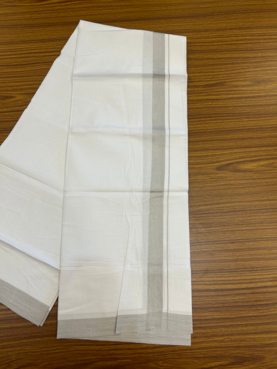 Single Pure white - Kaitharikada 100% Cotton 40s Thread Mundu / Dothi - 1.25 inch Light Grey Shaded Kara (2 meters / 4 mulam) - 23 KK5298 SKM