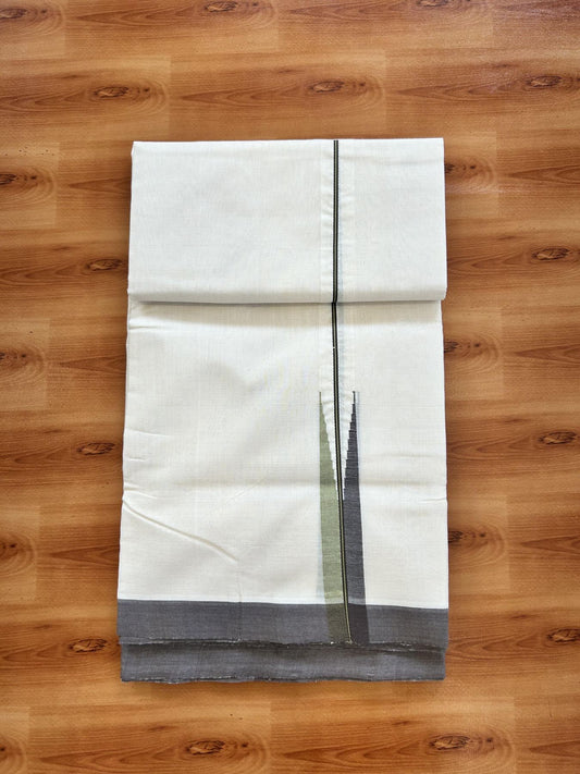 Double Off White (Unbleached) Mundu/Dhoti - 25% Discount!! KaithariKada Handloom Unakkupaav - Kerala Handloom - 100% Pure Cotton - 100x80 - 1 inch Light Green & Brown Chutty Kara 3.80 meter (8 muzham) - 37 KK5436 REA