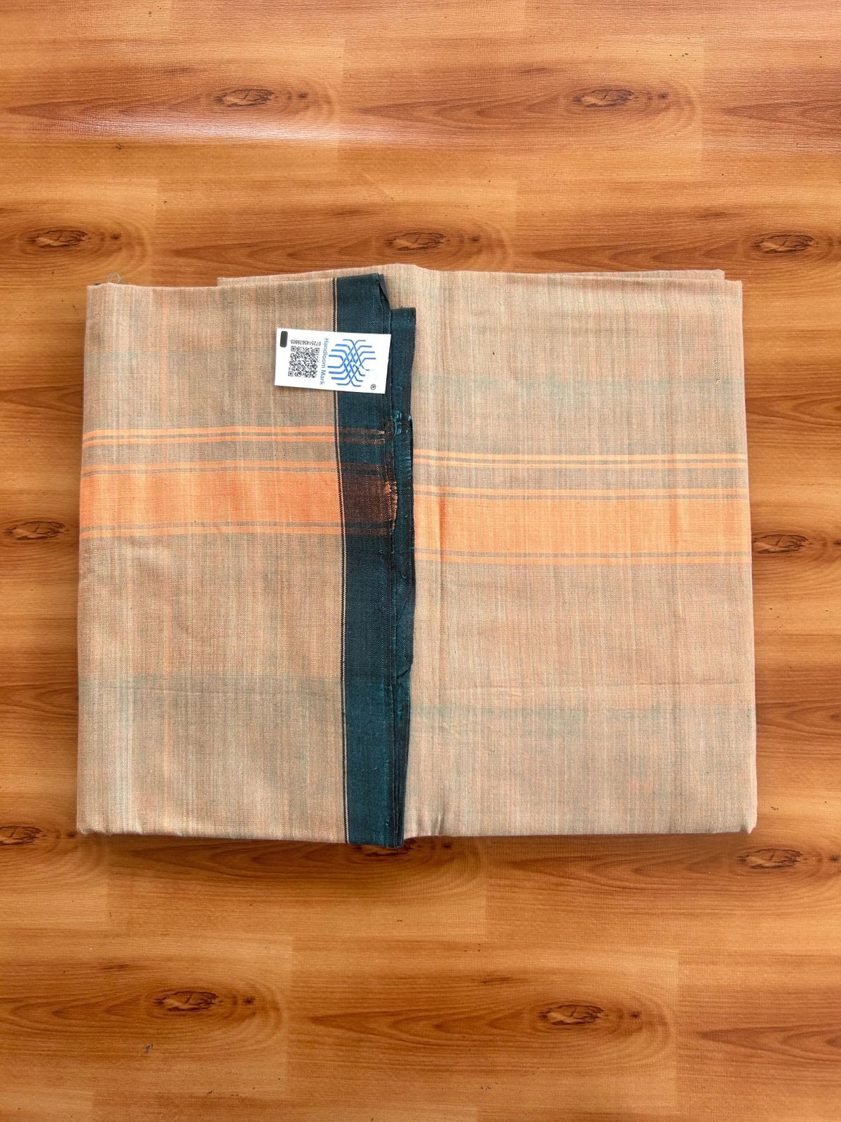 Kerala Handloom - Signature Kaitharikada - 100% Pure Cotton 2/60x40s Thread - Single Mundu / Dhoti - 1.25 inch Orange Shaded Striped Kara with Orange & Teal Blue colour Body (2 meter / 4 muzham) - 1 KK8080 KAL