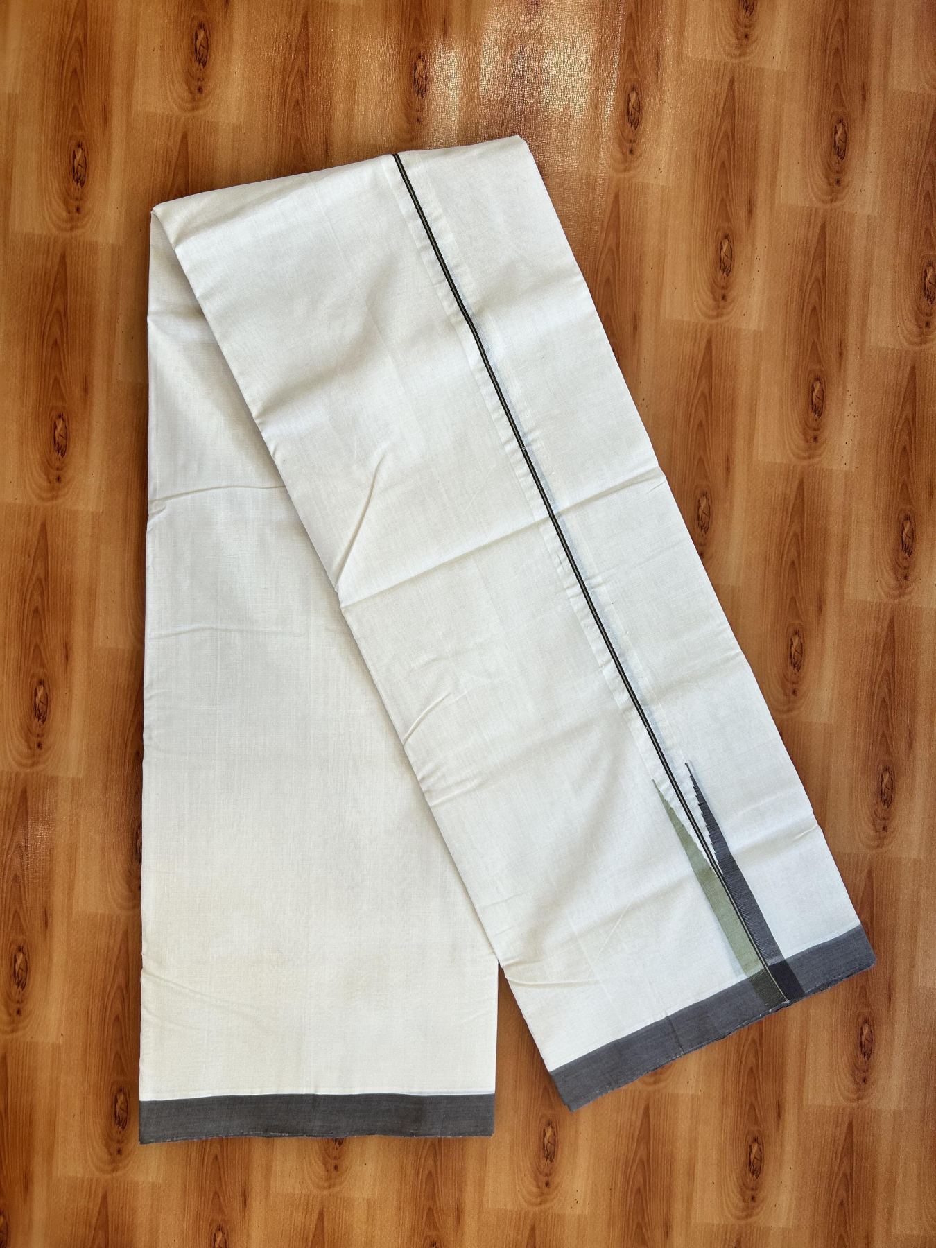 Double Off White (Unbleached) Mundu/Dhoti - 25% Discount!! KaithariKada Handloom Unakkupaav - Kerala Handloom - 100% Pure Cotton - 100x80 - 1 inch Light Green & Brown Chutty Kara 3.80 meter (8 muzham) - 37 KK5436 REA