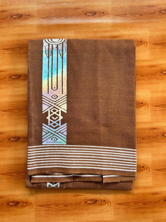 Kaitharikada - Single Kaily / Lungi - Mixed Cotton - 40s twisted - 3 inch Silver Printed Design kara with Brown colour body (2 meter / 4 muzham) - 10 KK8069 GAN