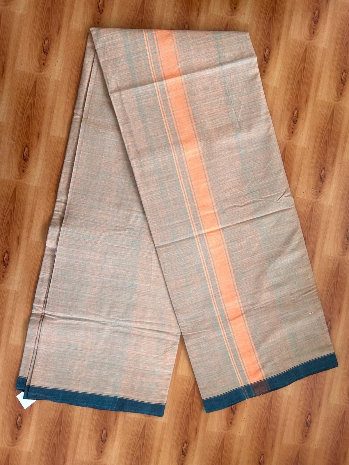Kerala Handloom - Signature Kaitharikada - 100% Pure Cotton 2/60x40s Thread - Single Mundu / Dhoti - 1.25 inch Orange Shaded Striped Kara with Orange & Teal Blue colour Body (2 meter / 4 muzham) - 1 KK8080 KAL