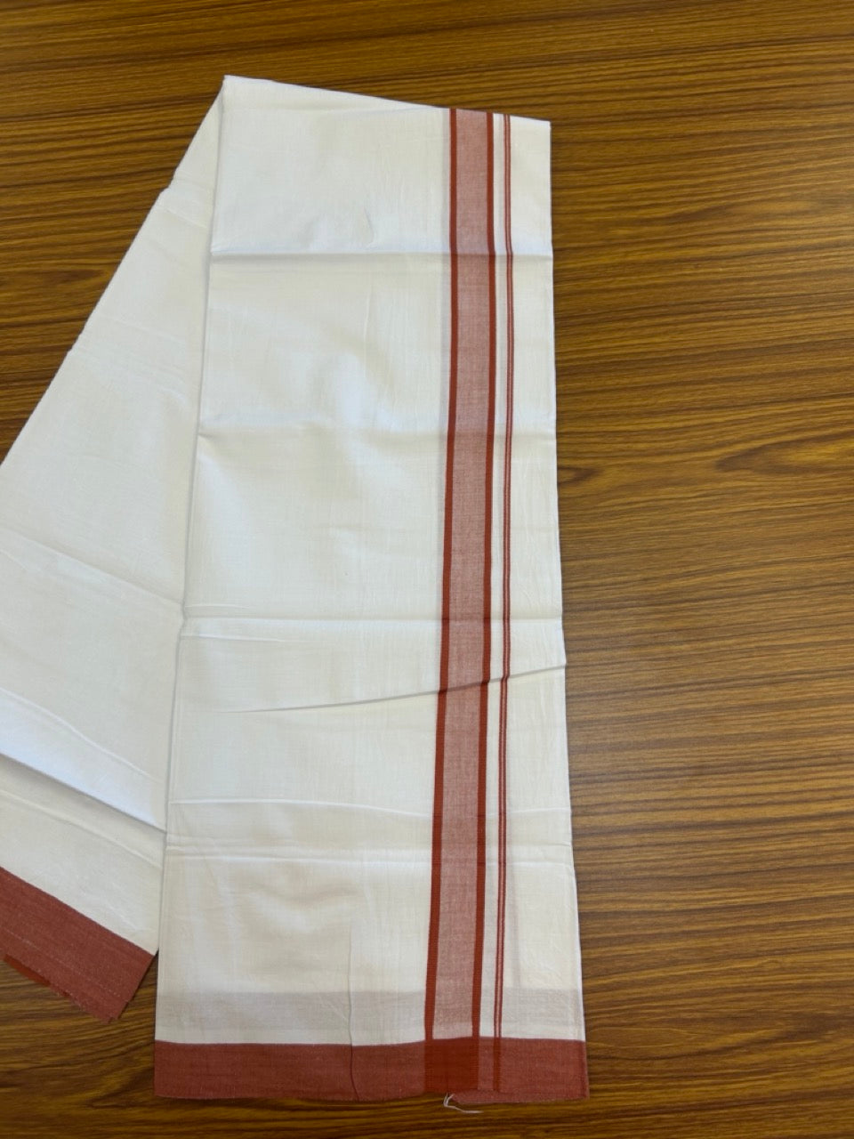 Single Pure white - Kaitharikada 100% Cotton 40s Thread Mundu / Dothi - 1.25 inch Brick Orange Shaded Kara (2 meters / 4 mulam) - 21 KK5298 SKM