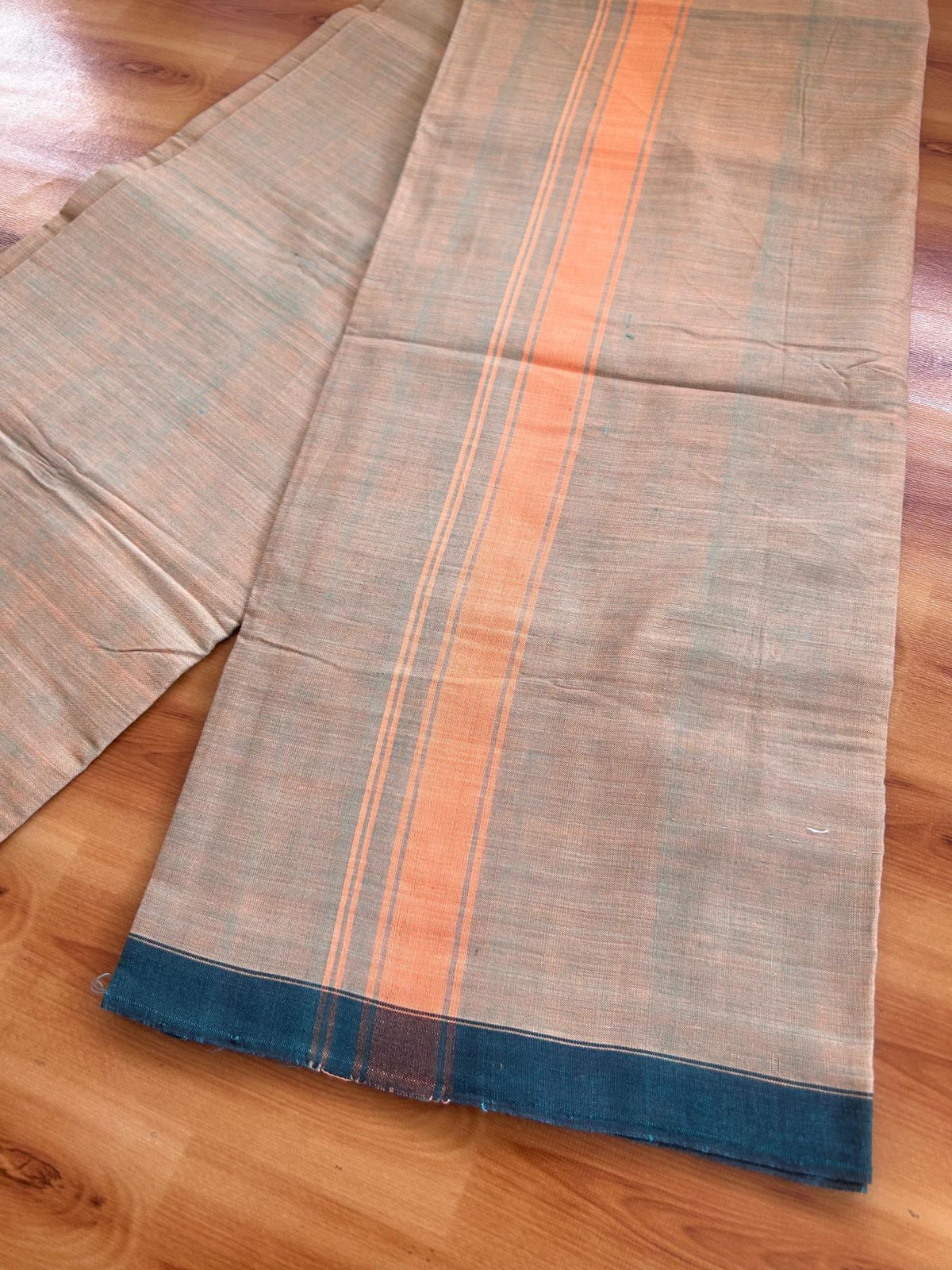 Kerala Handloom - Signature Kaitharikada - 100% Pure Cotton 2/60x40s Thread - Single Mundu / Dhoti - 1.25 inch Orange Shaded Striped Kara with Orange & Teal Blue colour Body (2 meter / 4 muzham) - 1 KK8080 KAL