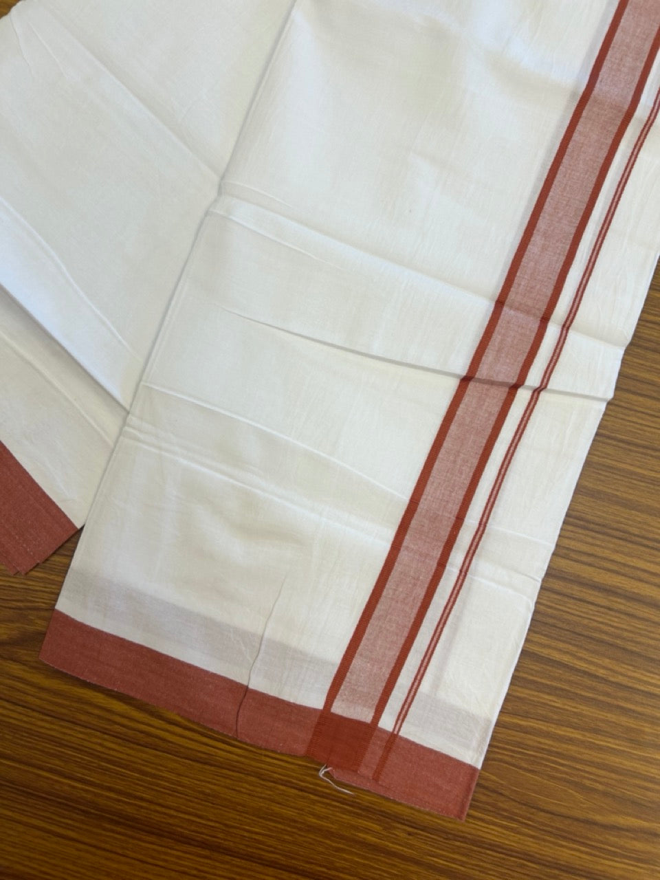 Single Pure white - Kaitharikada 100% Cotton 40s Thread Mundu / Dothi - 1.25 inch Brick Orange Shaded Kara (2 meters / 4 mulam) - 21 KK5298 SKM