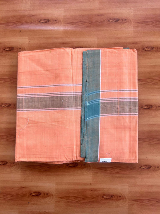 Kerala Handloom - Signature Kaitharikada - 100% Pure Cotton 2/60x40s Thread - Single Mundu / Dhoti - 1.25 inch Teal Blue Shaded Striped Kara with Light Orange Kavi colour Body (2 meter / 4 muzham) - 2 KK8080 KAL