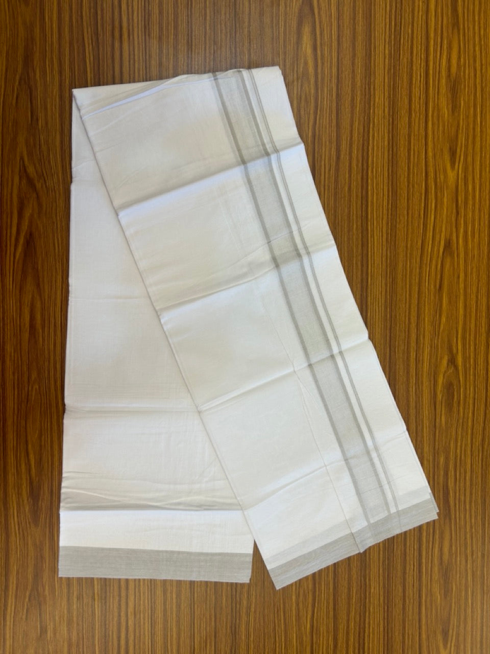 Single Pure white - Kaitharikada 100% Cotton 40s Thread Mundu / Dothi - 1.25 inch Light Grey Shaded Kara (2 meters / 4 mulam) - 18 KK5298 SKM