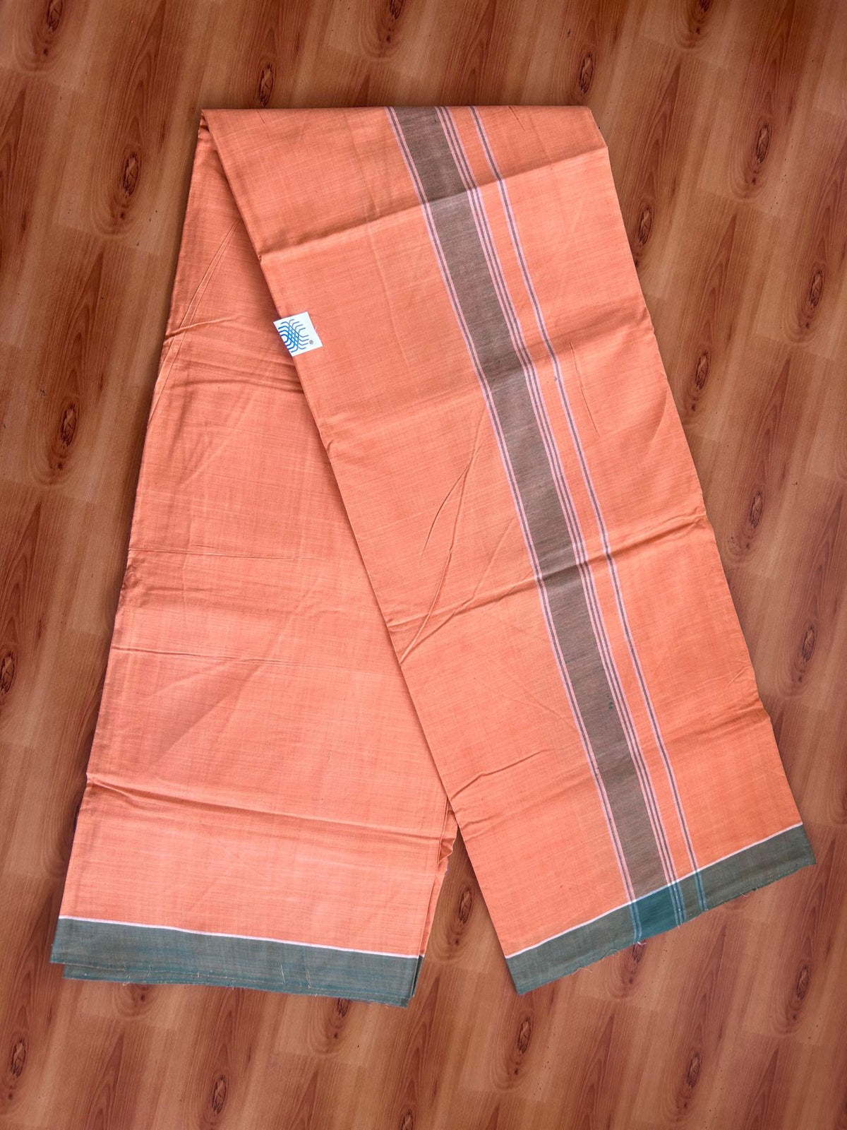 Kerala Handloom - Signature Kaitharikada - 100% Pure Cotton 2/60x40s Thread - Single Mundu / Dhoti - 1.25 inch Teal Blue Shaded Striped Kara with Light Orange Kavi colour Body (2 meter / 4 muzham) - 2 KK8080 KAL