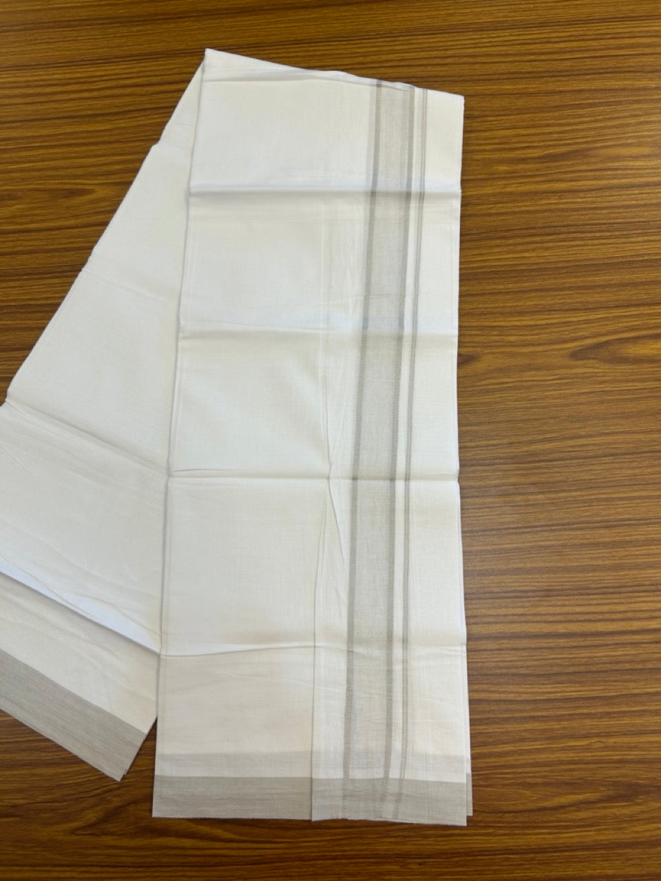 Single Pure white - Kaitharikada 100% Cotton 40s Thread Mundu / Dothi - 1.25 inch Light Grey Shaded Kara (2 meters / 4 mulam) - 18 KK5298 SKM