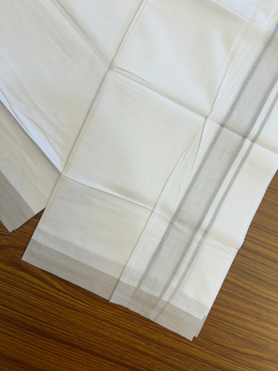 Single Pure white - Kaitharikada 100% Cotton 40s Thread Mundu / Dothi - 1.25 inch Light Grey Shaded Kara (2 meters / 4 mulam) - 18 KK5298 SKM
