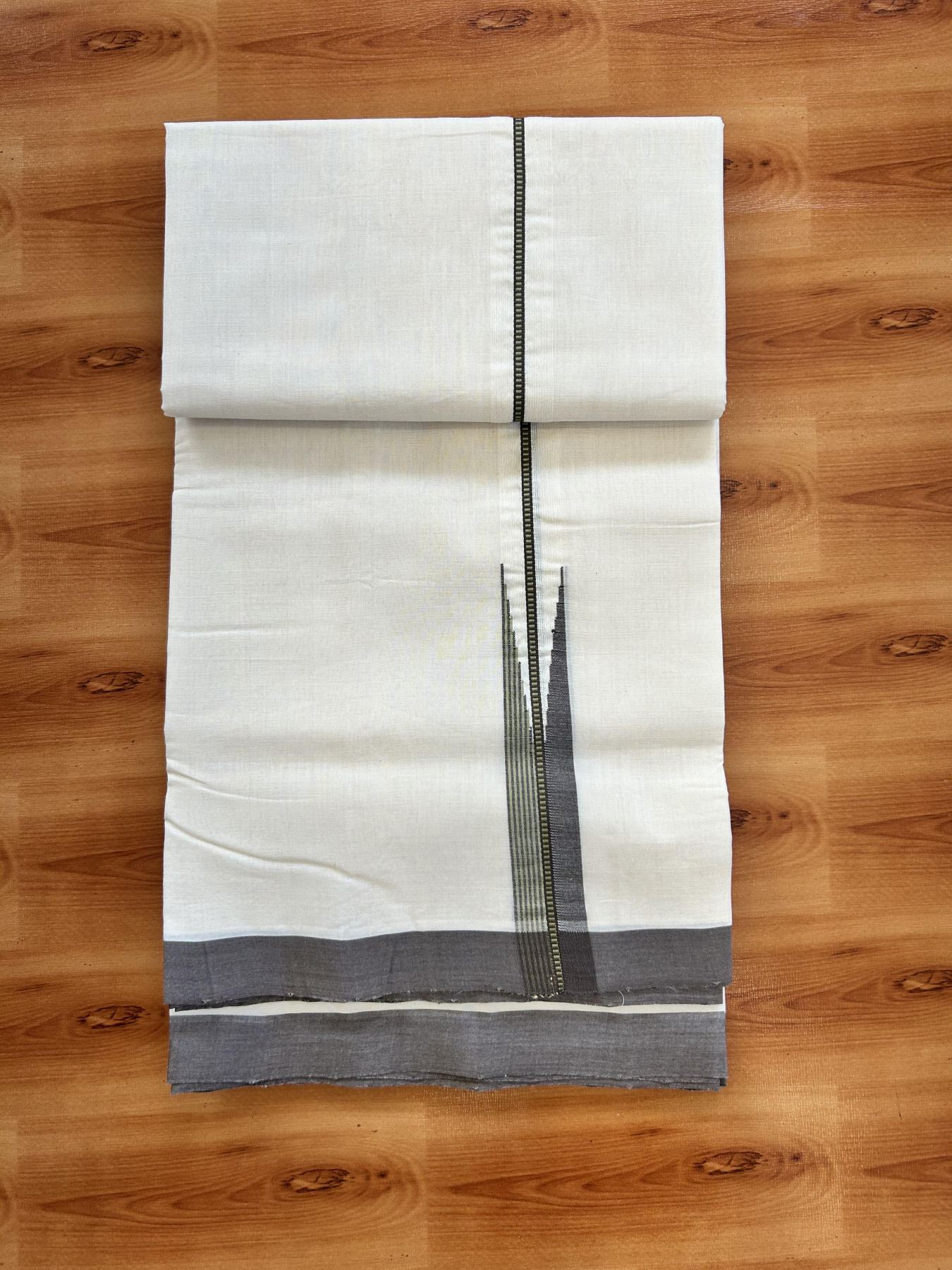 Double Off White (Unbleached) Mundu/Dhoti - 25% Discount!! KaithariKada Handloom Unakkupaav - Kerala Handloom - 100% Pure Cotton - 100x80 - 1 inch Light Green & Brown Striped Chutty Kara 3.80 meter (8 muzham) - 38 KK5436 REA