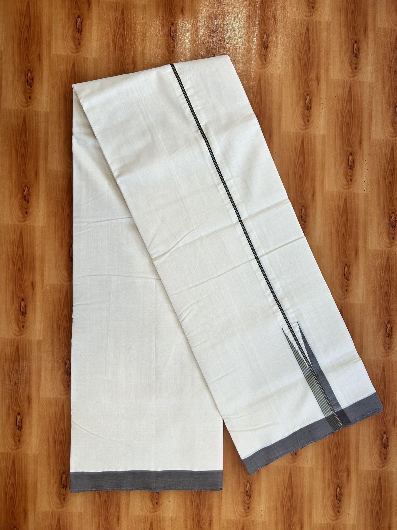 Double Off White (Unbleached) Mundu/Dhoti - 25% Discount!! KaithariKada Handloom Unakkupaav - Kerala Handloom - 100% Pure Cotton - 100x80 - 1 inch Light Green & Brown Striped Chutty Kara 3.80 meter (8 muzham) - 38 KK5436 REA