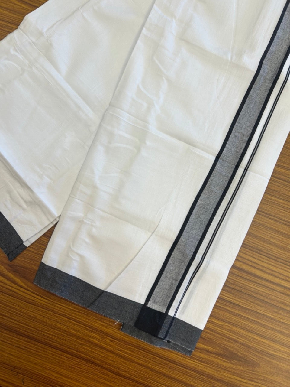 Single Pure white - Kaitharikada 100% Cotton 40s Thread Mundu / Dothi - 1.25 inch Black Shaded Kara (2 meters / 4 mulam) - 22 KK5298 SKM