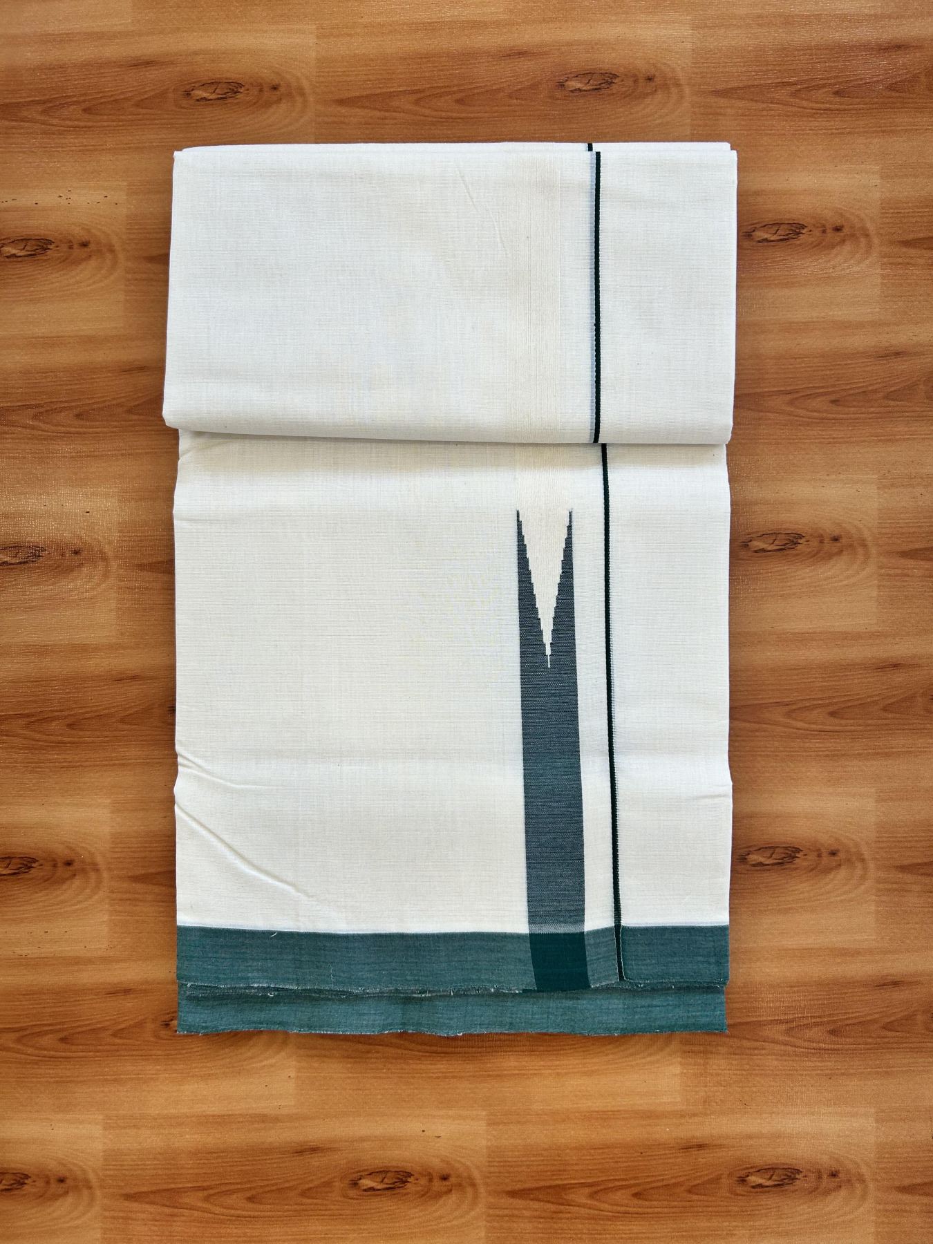 Double Off White (Unbleached) Mundu/Dhoti - 25% Discount!! KaithariKada Handloom Unakkupaav - Kerala Handloom - 100% Pure Cotton - 100x80 - 1 inch Dark Green Chutty Kara 3.80 meter (8 muzham) - 39 KK5436 REA