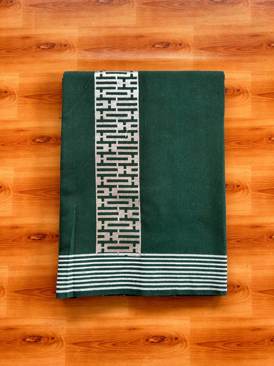 Kaitharikada - Single Kaily / Lungi - Mixed Cotton - 40s twisted - 3 inch Silver Printed Design kara with Dark Green colour body (2 meter / 4 muzham) - 14 KK8069 GAN