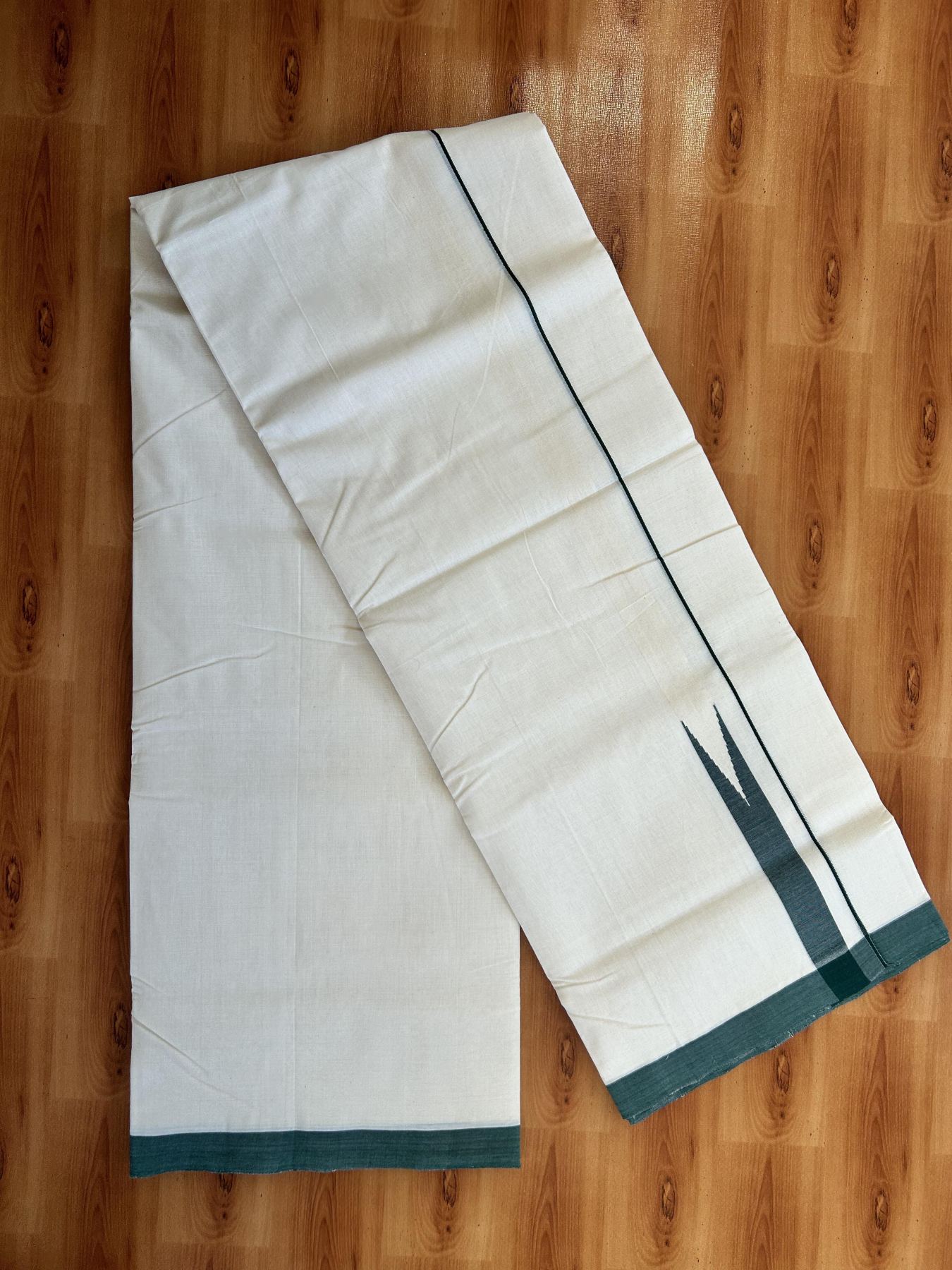 Double Off White (Unbleached) Mundu/Dhoti - 25% Discount!! KaithariKada Handloom Unakkupaav - Kerala Handloom - 100% Pure Cotton - 100x80 - 1 inch Dark Green Chutty Kara 3.80 meter (8 muzham) - 39 KK5436 REA