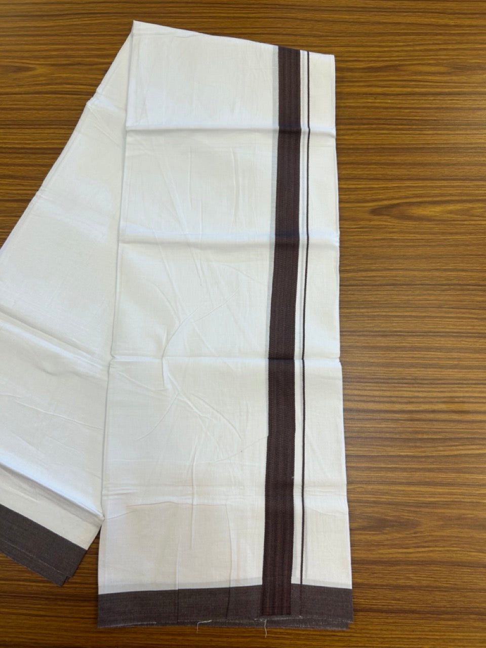 Single Pure white - Kaitharikada 100% Cotton 40s Thread Mundu / Dothi - 1.25 inch Brown Shaded Kara (2 meters / 4 mulam) - 25 KK5298 SKM