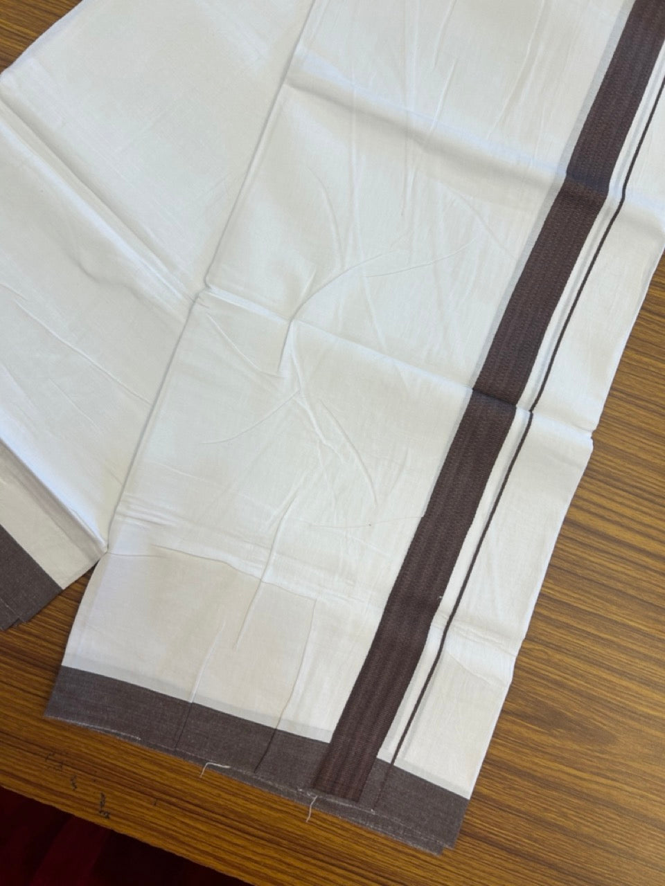 Single Pure white - Kaitharikada 100% Cotton 40s Thread Mundu / Dothi - 1.25 inch Brown Shaded Kara (2 meters / 4 mulam) - 25 KK5298 SKM