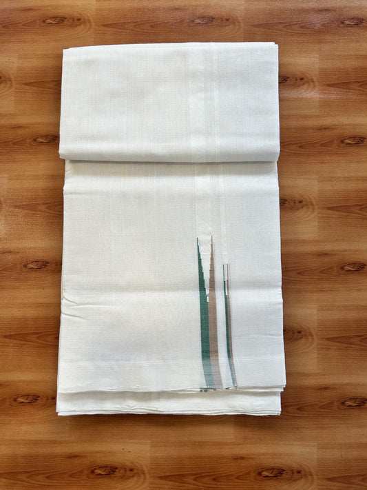 Double Off White (Unbleached) Mundu/Dhoti - 25% Discount!! KaithariKada Handloom Unakkupaav - Kerala Handloom - 100% Pure Cotton - 100x80 - 0.5 inch Sand Brown & Green Double Chutty Kara 3.80 meter (8 muzham) - 40 KK5436 REA