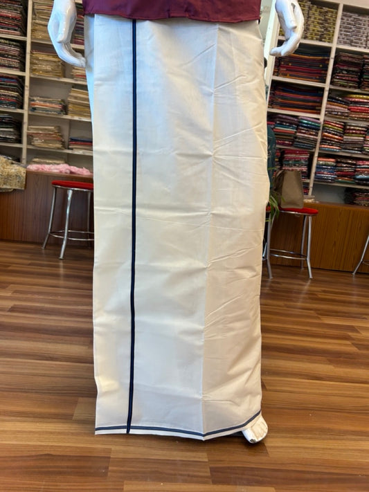 20% Discount !! KaithariKada Balaramapuram 100% Cotton Double off white - (Unbleached) Mundu/Dhoti - 100X100 0.25inch Deep Blue & Black Kara - 11KK5055ASH
