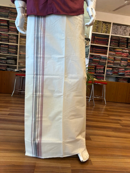 ADMK VESHTI 18% Discount !! KaithariKada Balaramapuram Double Off white - (Unbleached) Mundu/Dhoti - 100X100 - 2.25 inch Puliyilakkara Maroon & Black Striped Chutty Kara - Big Size Dhoti - 24KK5045ASH
