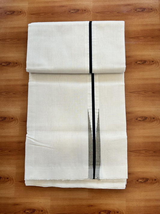 Double Off White (Unbleached) Mundu/Dhoti - 25% Discount!! KaithariKada Handloom Unakkupaav - Kerala Handloom - 100% Pure Cotton - 100x80 - 1 inch Black & Sand Brown Chutty Kara 3.80 meter (8 muzham) - 41 KK5436 REA