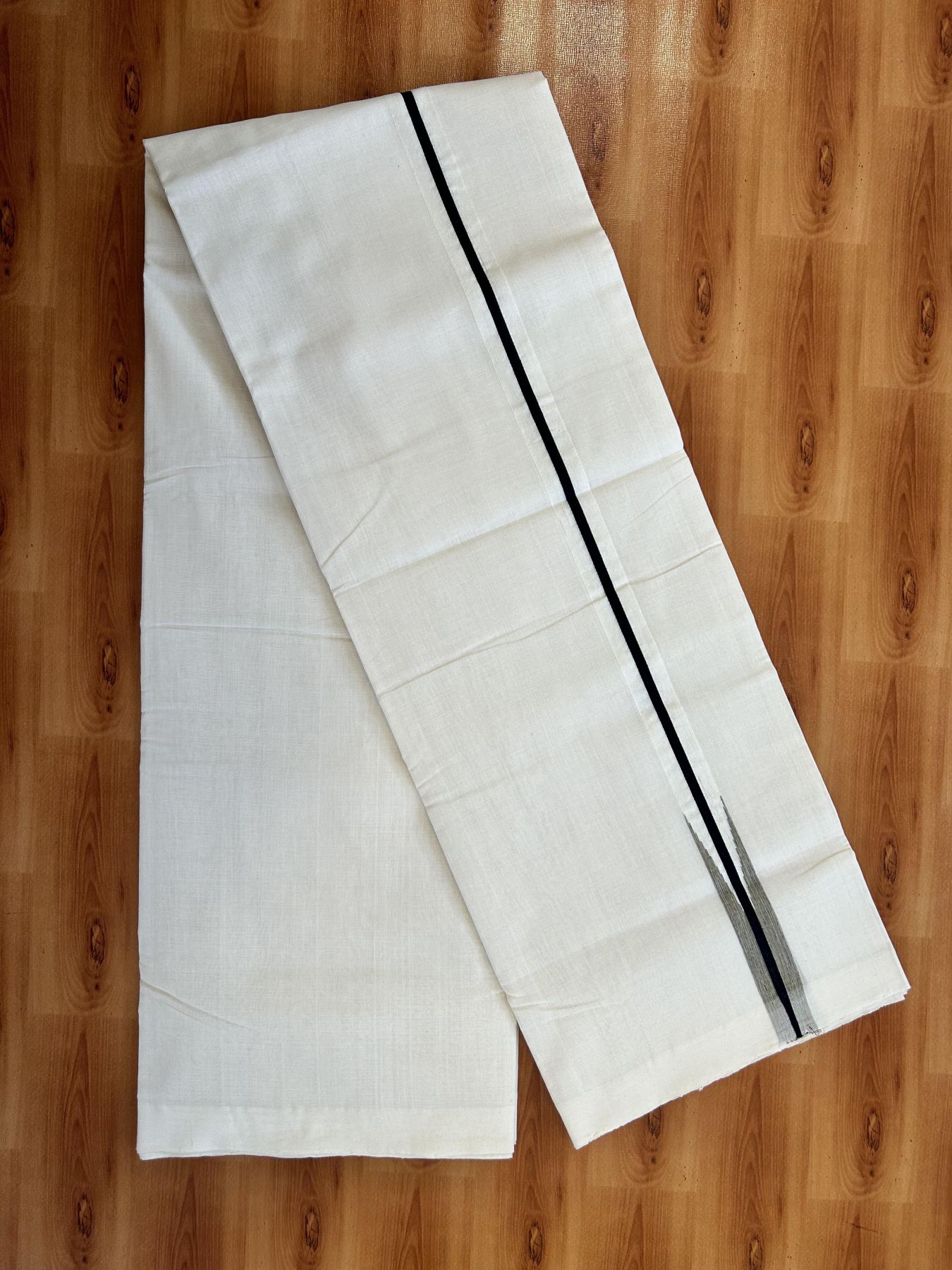 Double Off White (Unbleached) Mundu/Dhoti - 25% Discount!! KaithariKada Handloom Unakkupaav - Kerala Handloom - 100% Pure Cotton - 100x80 - 1 inch Black & Sand Brown Chutty Kara 3.80 meter (8 muzham) - 41 KK5436 REA