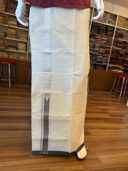 20% Discount !! KaithariKada Balaramapuram 100% Cotton Double Off White - (Unbleached) Mundu/Dhoti-100x100 1.5 inch Heavy Chutty Silver Kasavu & Black Striped kara - 7KK5055ASH