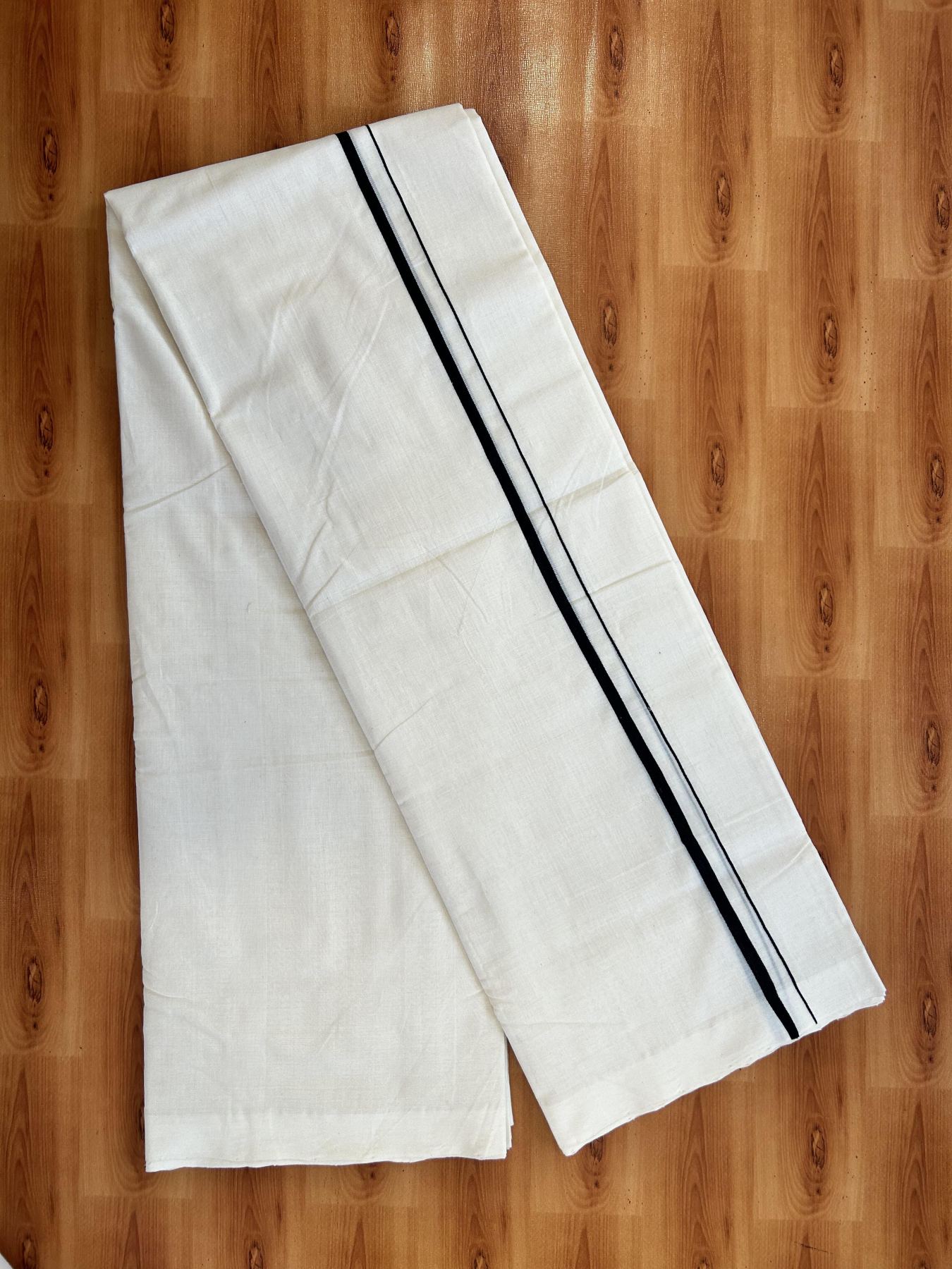 Double Off White (Unbleached) Mundu/Dhoti - 25% Discount!! KaithariKada Handloom Unakkupaav - Kerala Handloom - 100% Pure Cotton - 100x80 - 0.25 inch Black Kara 3.60 meter (8 muzham) - 35 KK5436 REA