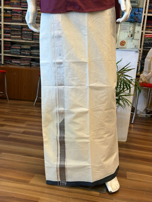 20% Discount !! KaithariKada Balaramapuram 100% Cotton Double Off White - (Unbleached) Mundu/Dhoti-100x100 1.5 inch Heavy Chutty Silver Kasavu & Black Striped kara - 8KK5055ASH