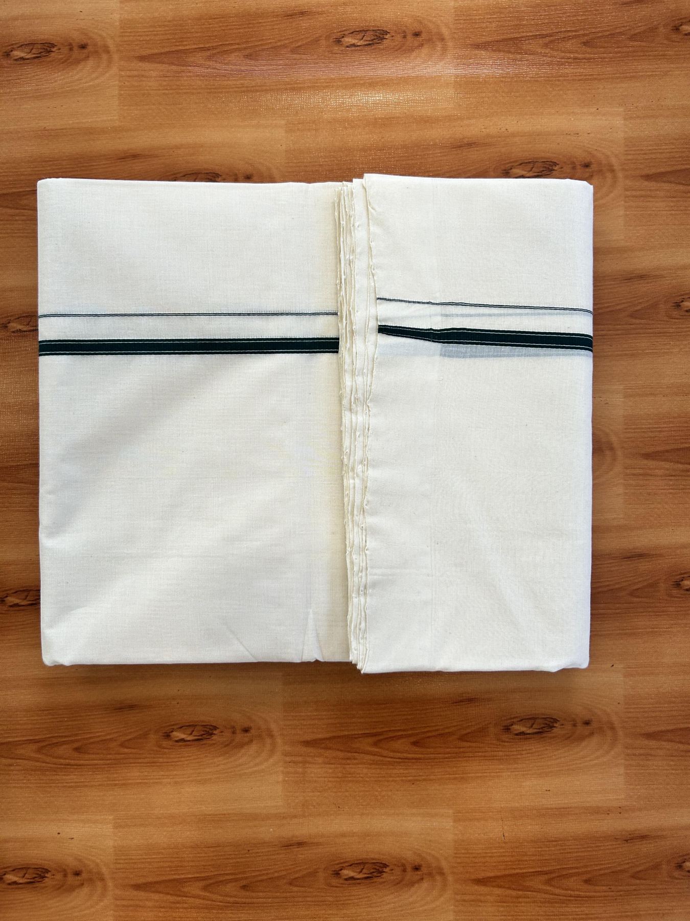 Double Off White (Unbleached) Mundu/Dhoti - 25% Discount!! KaithariKada Handloom Unakkupaav - Kerala Handloom - 100% Pure Cotton - 100x80 - 0.25 inch Dark Green Striped Kara 3.60 meter (8 muzham) - 36 KK5436 REA