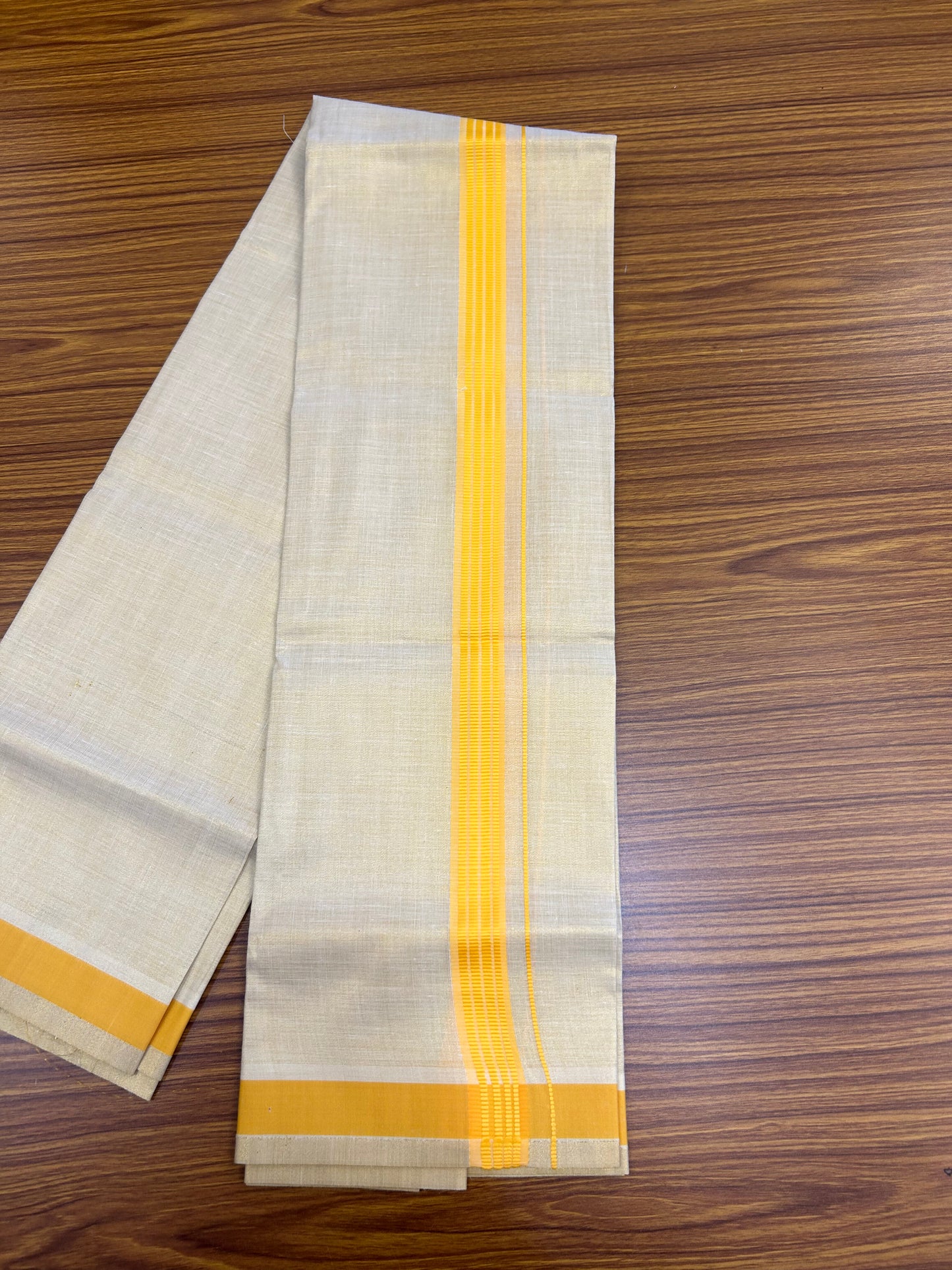Single Tissue - KaithariKada Balaramapuram Tissue Single Dhoti/Mund Mixed Cotton - 70x30 - 1.25 inch Gold Kasav & Light Yellow Stripes Kara (2 meter / 4 muzham)  - 208 KK5361 PMC