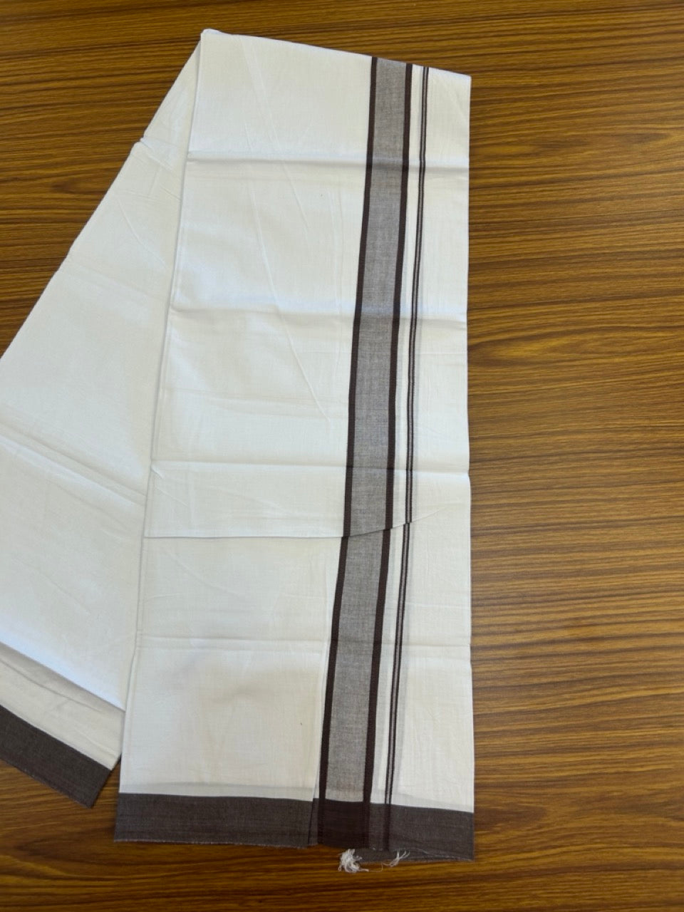 Single Pure white - Kaitharikada 100% Cotton 40s Thread Mundu / Dothi - 1.25 inch Brown Shaded Kara (2 meters / 4 mulam) - 20 KK5298 SKM