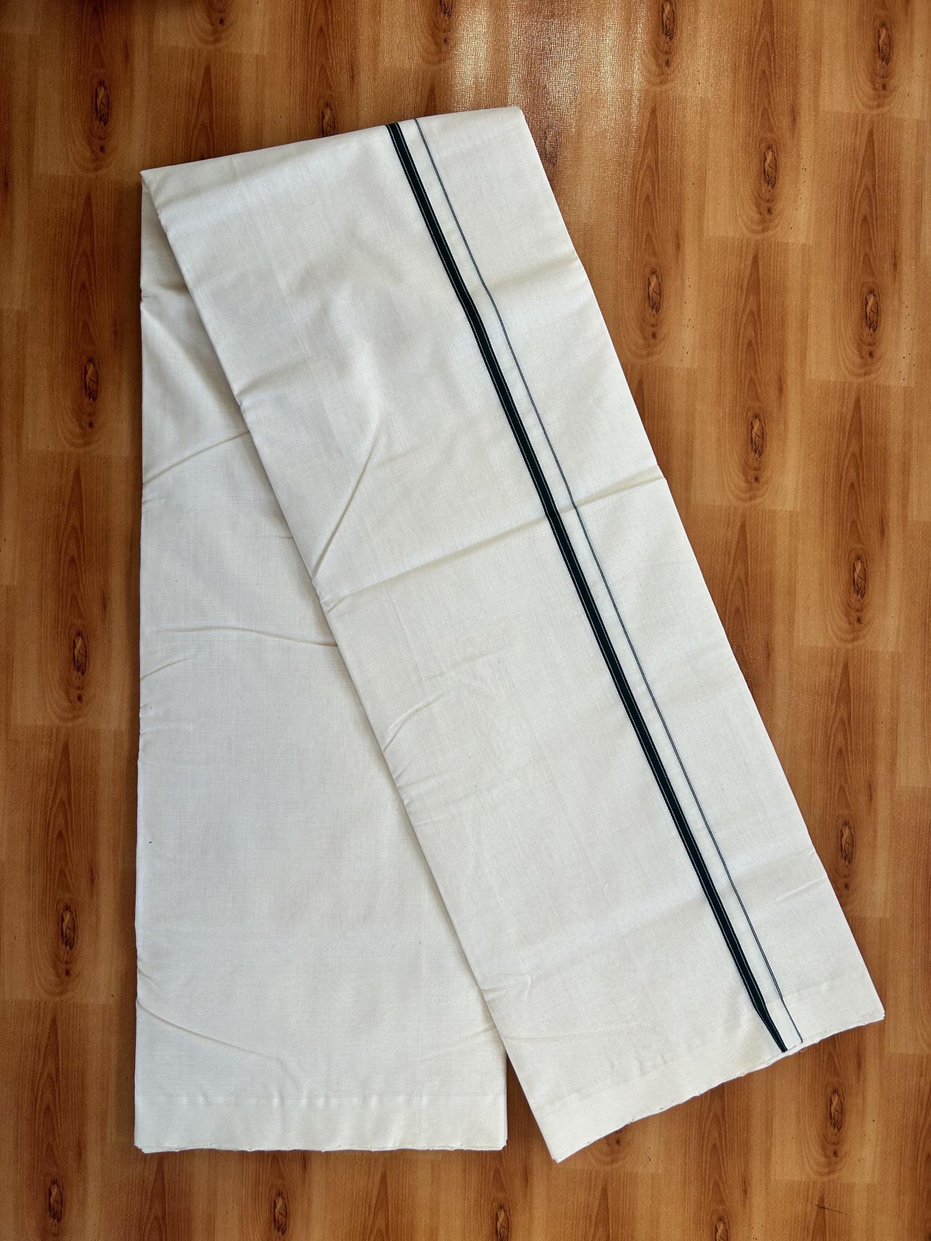 Double Off White (Unbleached) Mundu/Dhoti - 25% Discount!! KaithariKada Handloom Unakkupaav - Kerala Handloom - 100% Pure Cotton - 100x80 - 0.25 inch Dark Green Striped Kara 3.60 meter (8 muzham) - 36 KK5436 REA
