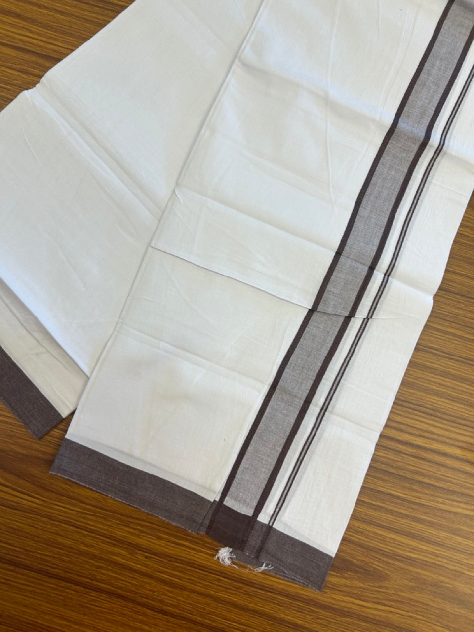 Single Pure white - Kaitharikada 100% Cotton 40s Thread Mundu / Dothi - 1.25 inch Brown Shaded Kara (2 meters / 4 mulam) - 20 KK5298 SKM