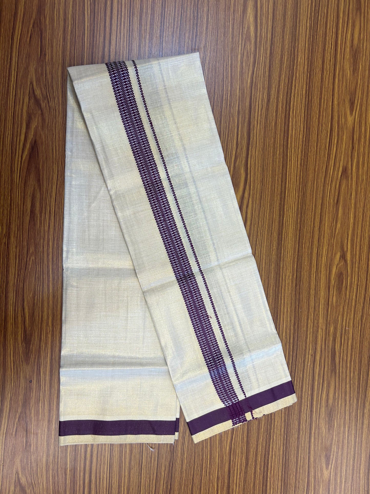Single Tissue - KaithariKada Balaramapuram Tissue Single Dhoti/Mund Mixed Cotton - 70x30 - 1.25 inch Light Gold Kasav & Wine Stripes Kara (2 meter / 4 muzham)  - 211 KK5361 PMC