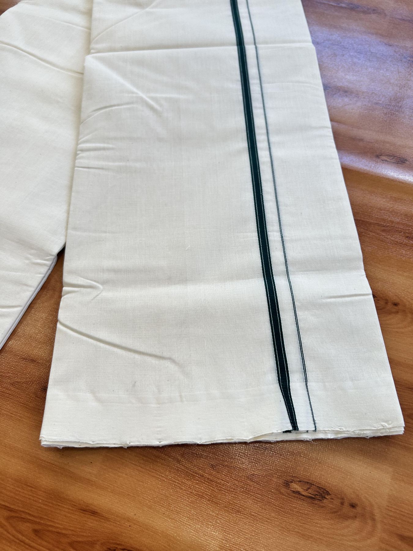Double Off White (Unbleached) Mundu/Dhoti - 25% Discount!! KaithariKada Handloom Unakkupaav - Kerala Handloom - 100% Pure Cotton - 100x80 - 0.25 inch Dark Green Striped Kara 3.60 meter (8 muzham) - 36 KK5436 REA