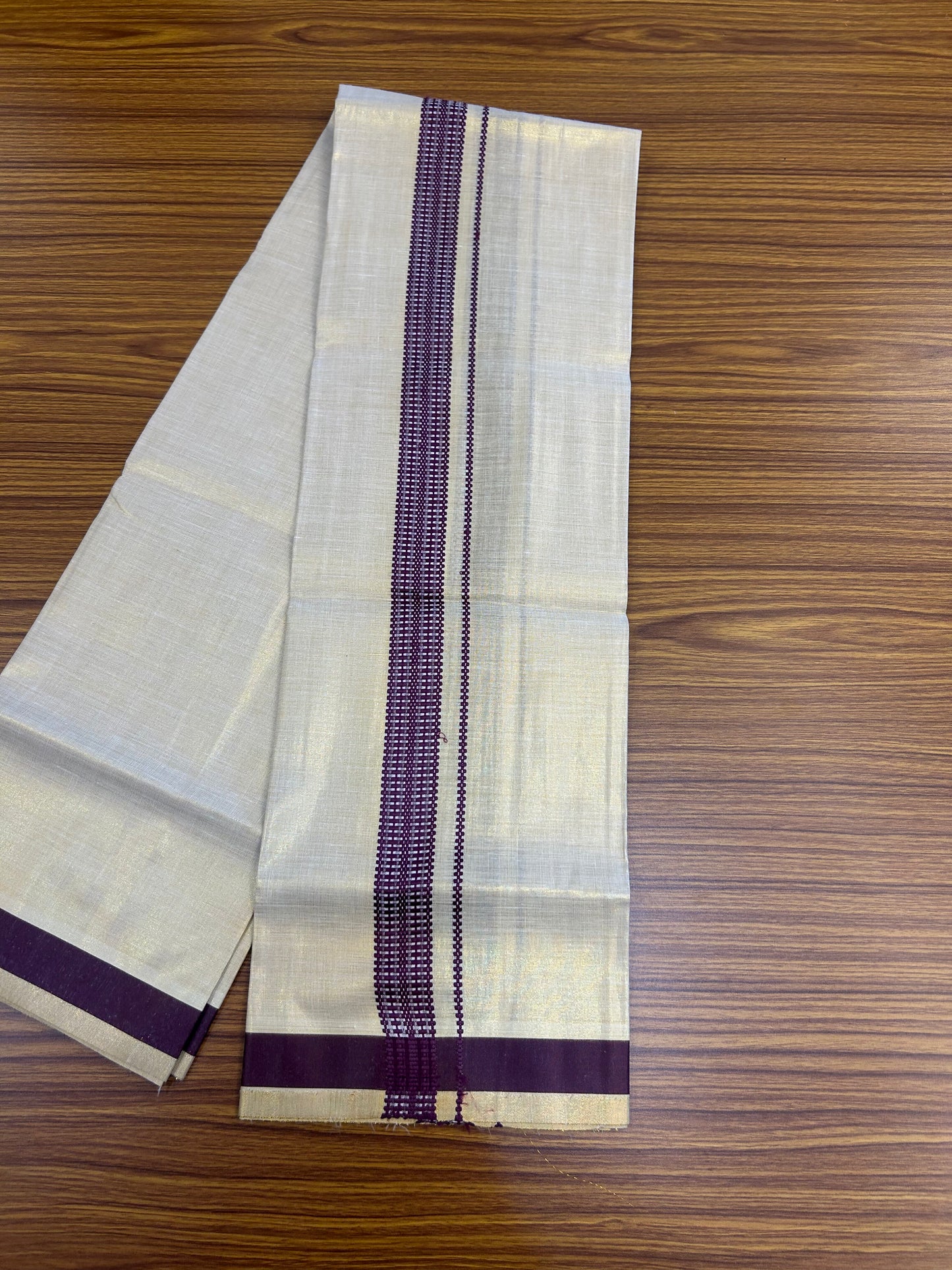 Single Tissue - KaithariKada Balaramapuram Tissue Single Dhoti/Mund Mixed Cotton - 70x30 - 1.25 inch Light Gold Kasav & Wine Stripes Kara (2 meter / 4 muzham)  - 211 KK5361 PMC